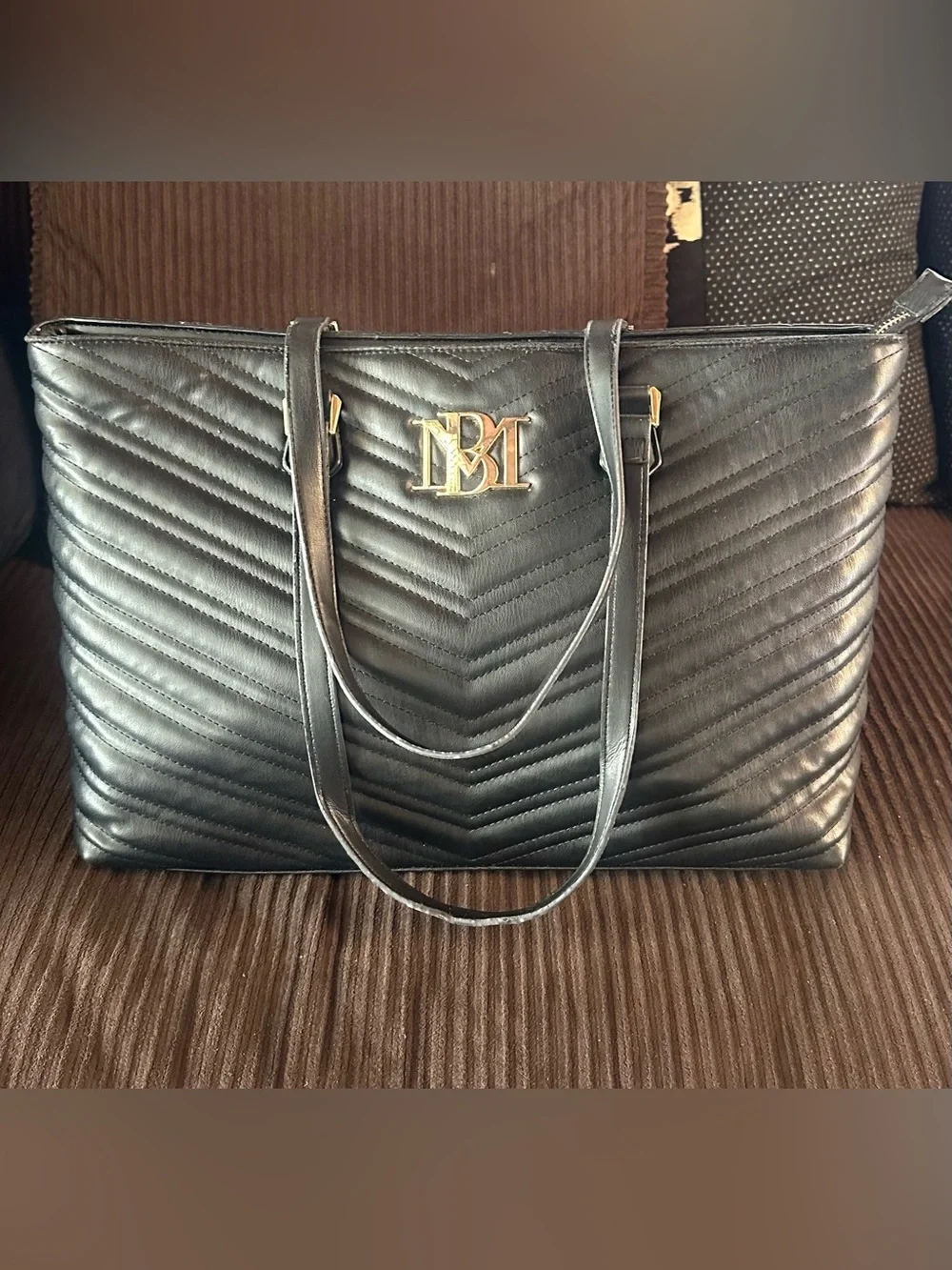 BADGLEY MISCHKA Black Chevron Quilted Leather Tote Laptop Bag w/Gold-Plated Logo